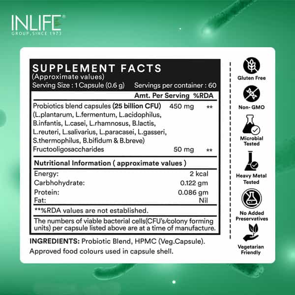 Inlife Prebiotic & Probiotic Forte 25 Billion Cfu For Gut Health - 60 Capsules