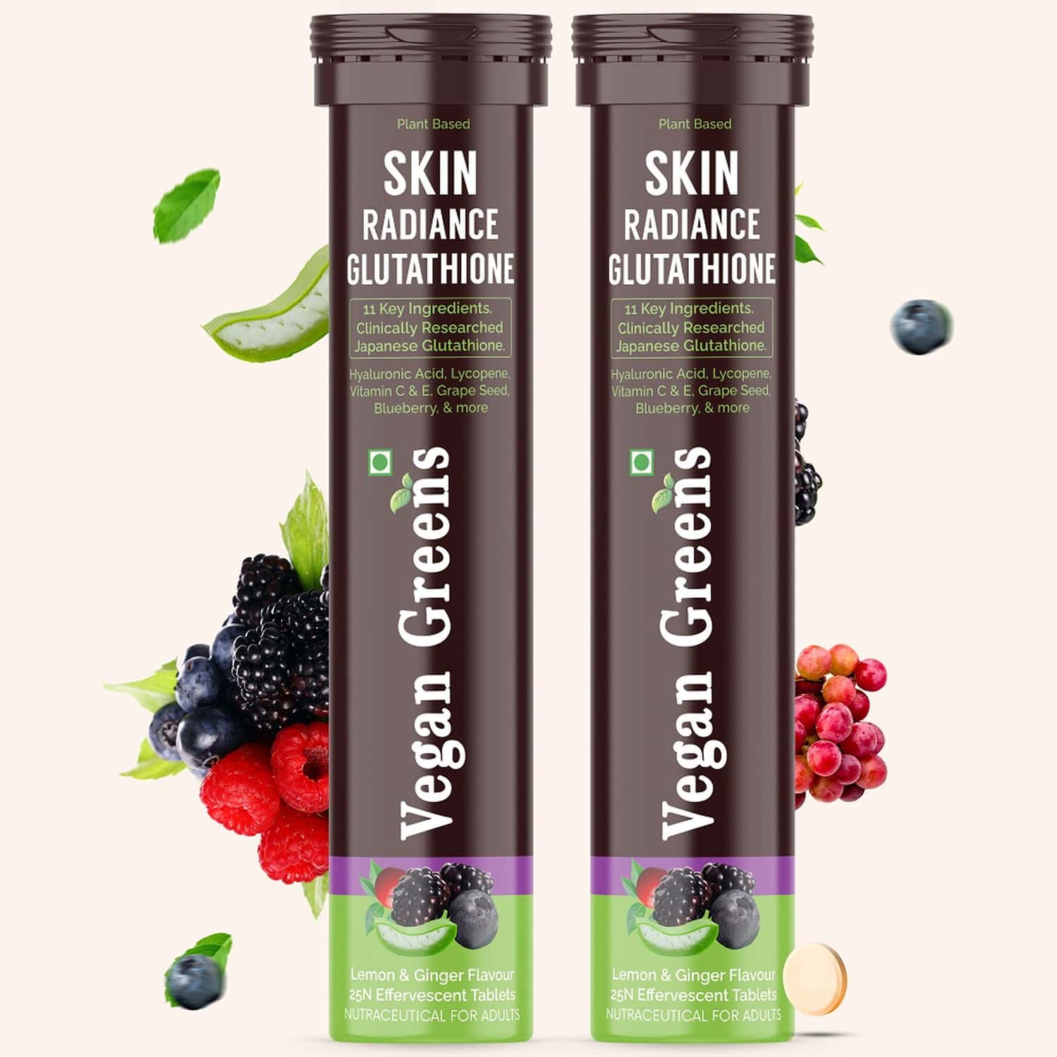 Vegan Greens Skin Radiance Japanese Glutathione 500mg +11 Key Ingredient. 50 Efferve. | Lemon Ginger