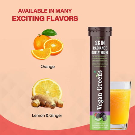 Vegan Greens Skin Radiance Japanese Glutathione 500mg +11 Key Ingredient. 50 Efferve. | Lemon Ginger