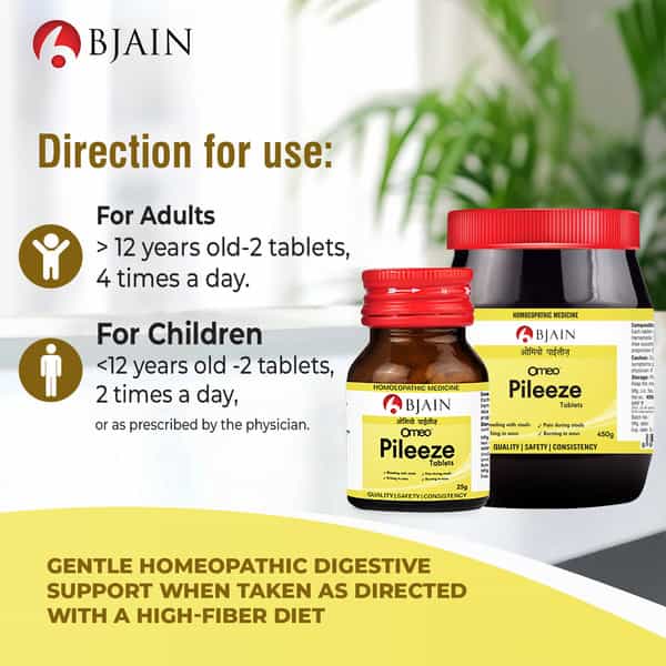 Bjain Omeo Pileeze Tablet | Homeopathic Support For Piles . Hemorrhoids & Rectal Discomfort - 25Gm