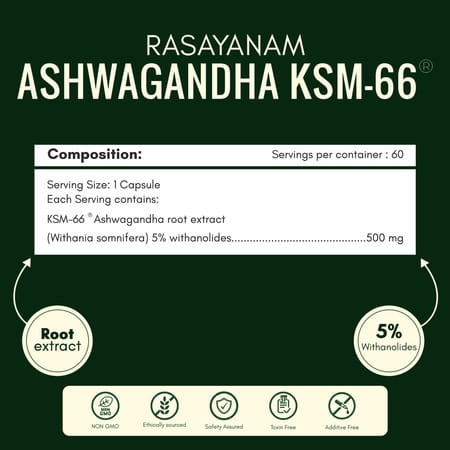 Rasayanam Ashwagandha Ksm-66 Capsules For Stress | Energy & Recovery (60 Capsules | Pack Of 1)