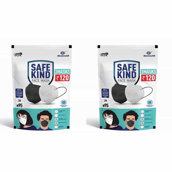 Safekind N95 Face Masks With 5 Layer Protection (2 Black + 1 White) Pack Of 2