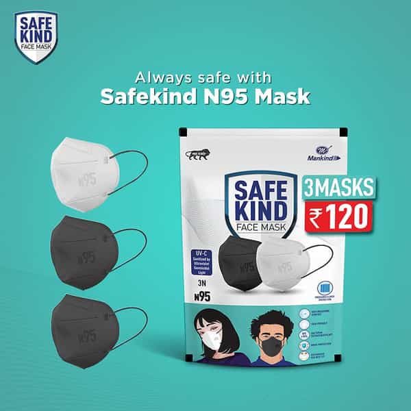 Safekind N95 Face Masks With 5 Layer Protection (2 Black + 1 White) Pack Of 2