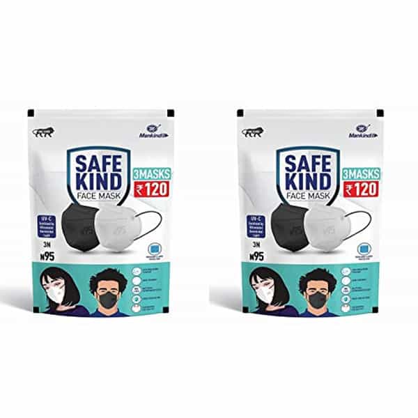 Safekind N95 Face Masks With 5 Layer Protection (2 Black + 1 White) Pack Of 2