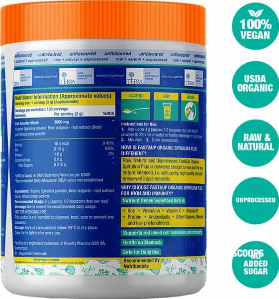 Fast&Up Organic Spirulina Plus Wheatgrass Beetroot - Iron Immunity - Plant Based Powder - 300G
