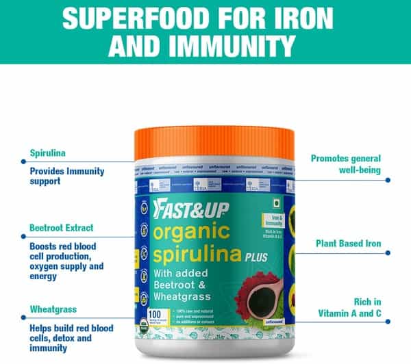 Fast&Up Organic Spirulina Plus Wheatgrass Beetroot - Iron Immunity - Plant Based Powder - 300G