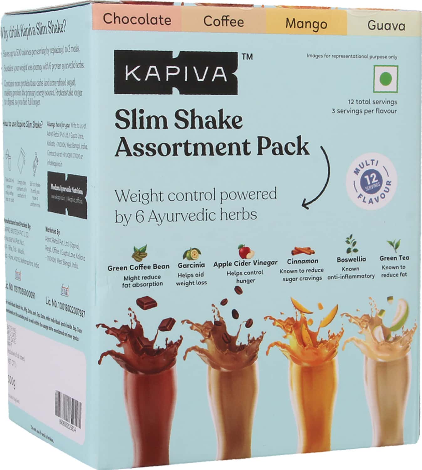 Kapiva Slim Shake Assortment Pack - Coffee Chocolate Mango & Guava For Weight Management - 300g