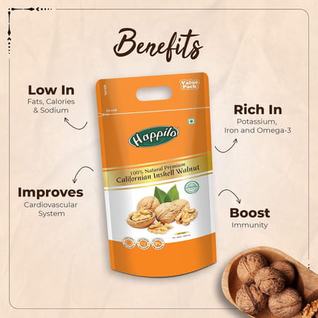 Happilo Premium 100% Natural Californian Inshell Walnut Kernels 1000g Value Pack