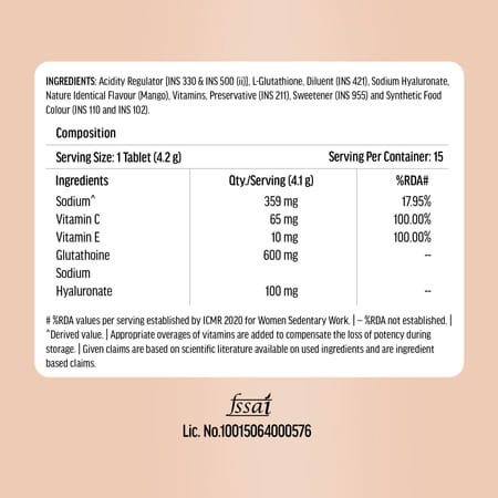 Hk Vitals Glutathione (Mango | 15 Tabs) | With Vitamin C & E | For Skin Glow & Hydration