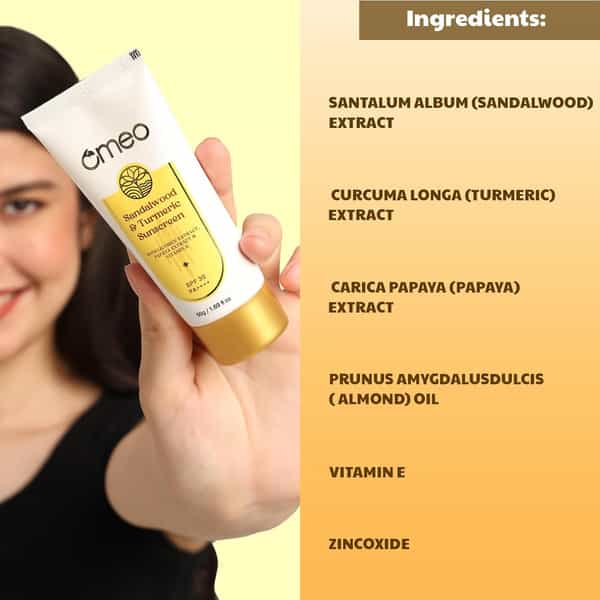 Omeo Sandalwood & Turmeric Sunscreen Spf 30 Pa++++ For Even Toned & Glowing Skin Uv Protection 50 Gm