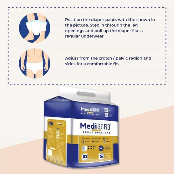 Medisorb Adult Diaper Pants Small | Pull-Ups | Elastic Waist Size 52-82 Cm | 10 Piece | Pack Of 2