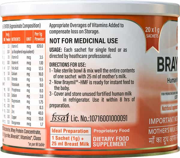 Braymil Hmf Human Milk Fortifier Sachets - 1Gm Each (20 Sachets)