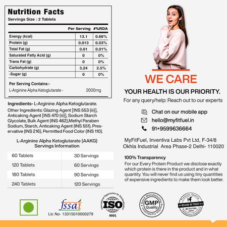 Myfitfuel L-Arginine Alpha-Ketoglutarate (Aakg) (2000 Mg) (180 Tablets)| Amino Acid