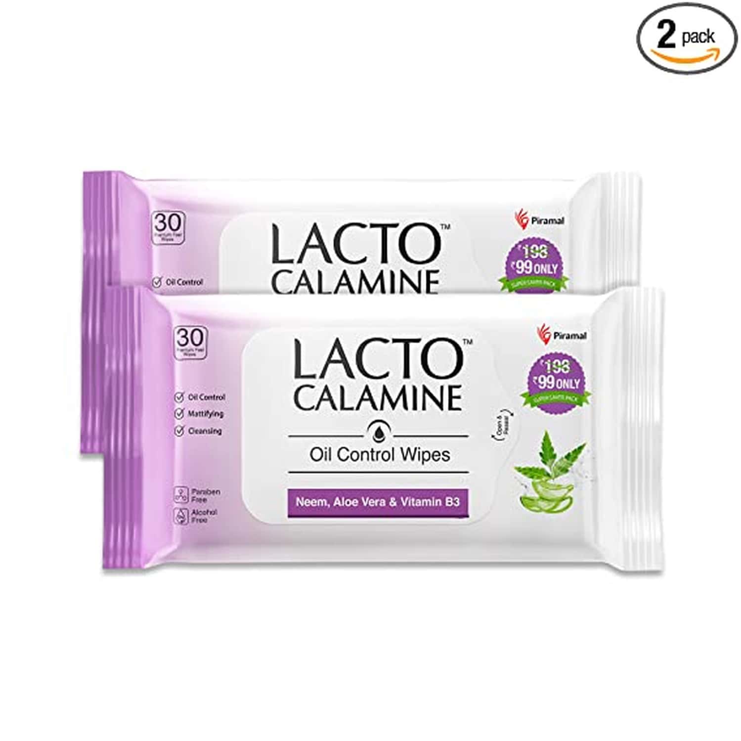 Lacto Calamine Oil Control Face Wipes With Neem, Vitamin B3 And Aloe Vera,White, 60 Count,Pack Of 2