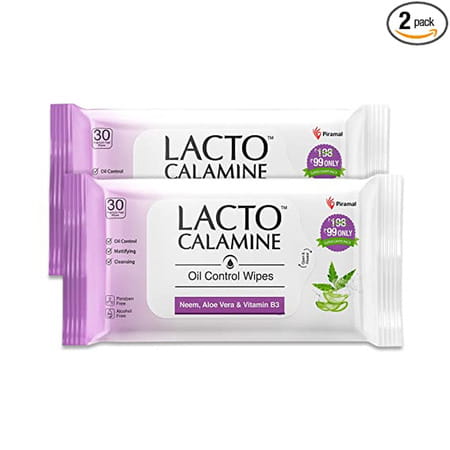 Lacto Calamine Oil Control Face Wipes With Neem, Vitamin B3 And Aloe Vera,White, 60 Count,Pack Of 2