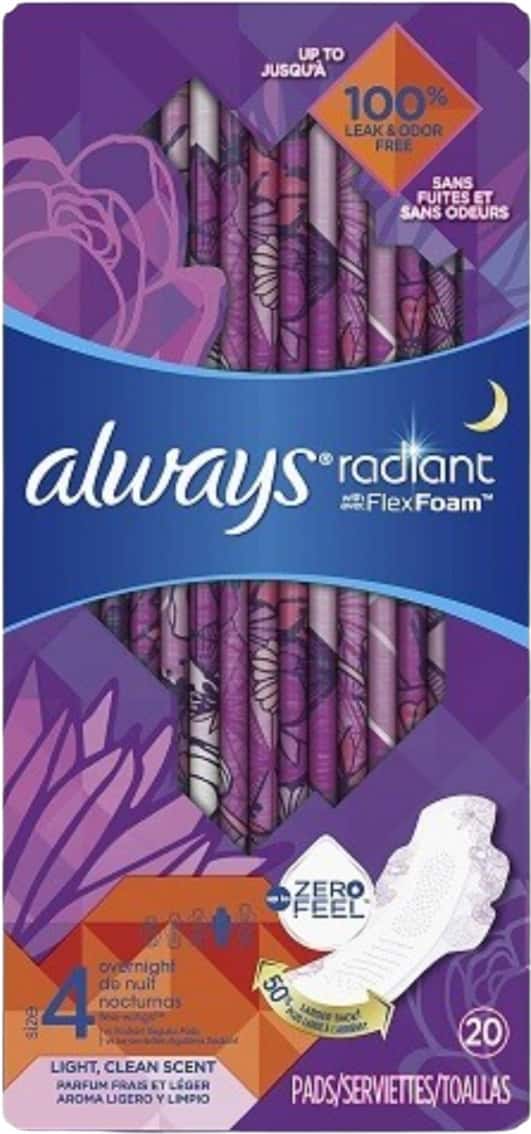 Always Radiant| Size 4| Overnight Sanitary Pads With Wings| Scented| 20 Count