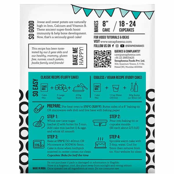 Serapheena Cake Mix |Jowar And Sweet Potato Flour (Chocolate-200G &Vanilla-185G Pack Of 2)