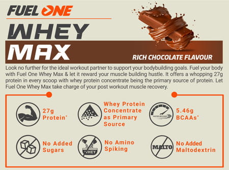 Fuelone Whey Max Protein Blend | Rich Chocolate | 1Kg (2.2Lbs) | 27G Protein Per Scoop