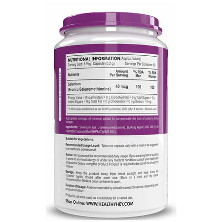 Healthyhey Nutrition Selenium Capsules Superior Absorption - 60 Veg. Capsules