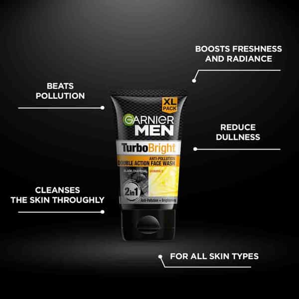 Garnier Men Turbo Bright Double Action Face Wash | Deep Cleansing Anti Pollution | 150G (Pack Of 2)