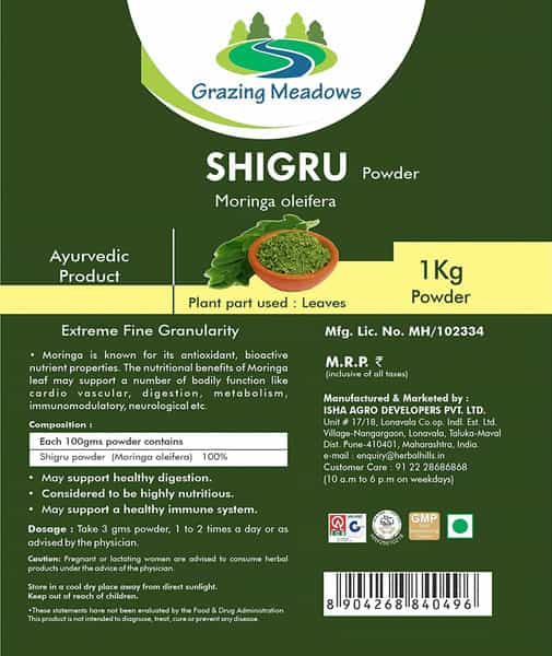 Grazing Meadows Shigru Powder - 1 Kg (Pack Of 4) Moringa Leaf (Shugru/Drumstick Leaf)