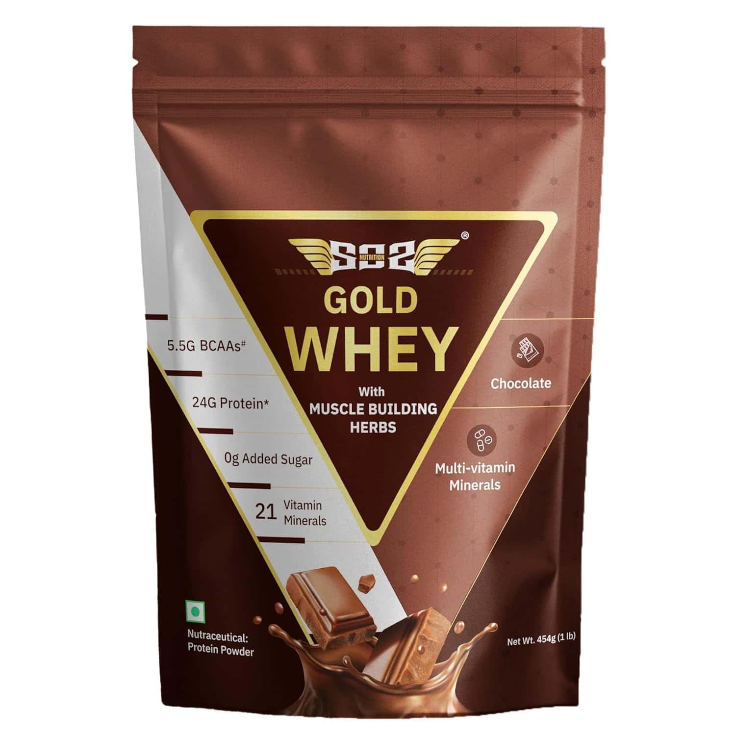 Sos Nutrition Gold Whey Protein Powder Men Herbs Multivitamins 24g Protein 5.5g Bcaa Chocolate 454g