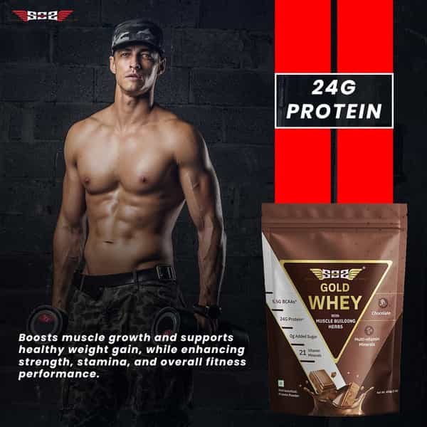Sos Nutrition Gold Whey Protein Powder Men Herbs Multivitamins 24G Protein 5.5G Bcaa Chocolate 454G