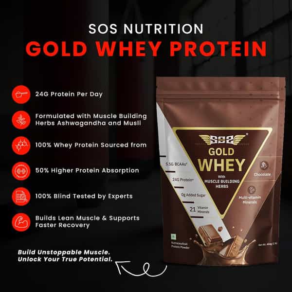 Sos Nutrition Gold Whey Protein Powder Men Herbs Multivitamins 24G Protein 5.5G Bcaa Chocolate 454G