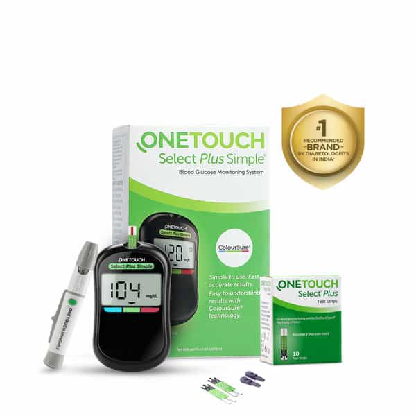 Onetouch Select Plus Simple Glucometer | Free 10 Test Strips + 10 Sterile Lancets + 1 Lancing Device