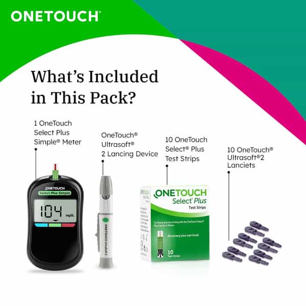 Onetouch Select Plus Simple Glucometer | Free 10 Test Strips + 10 Sterile Lancets + 1 Lancing Device