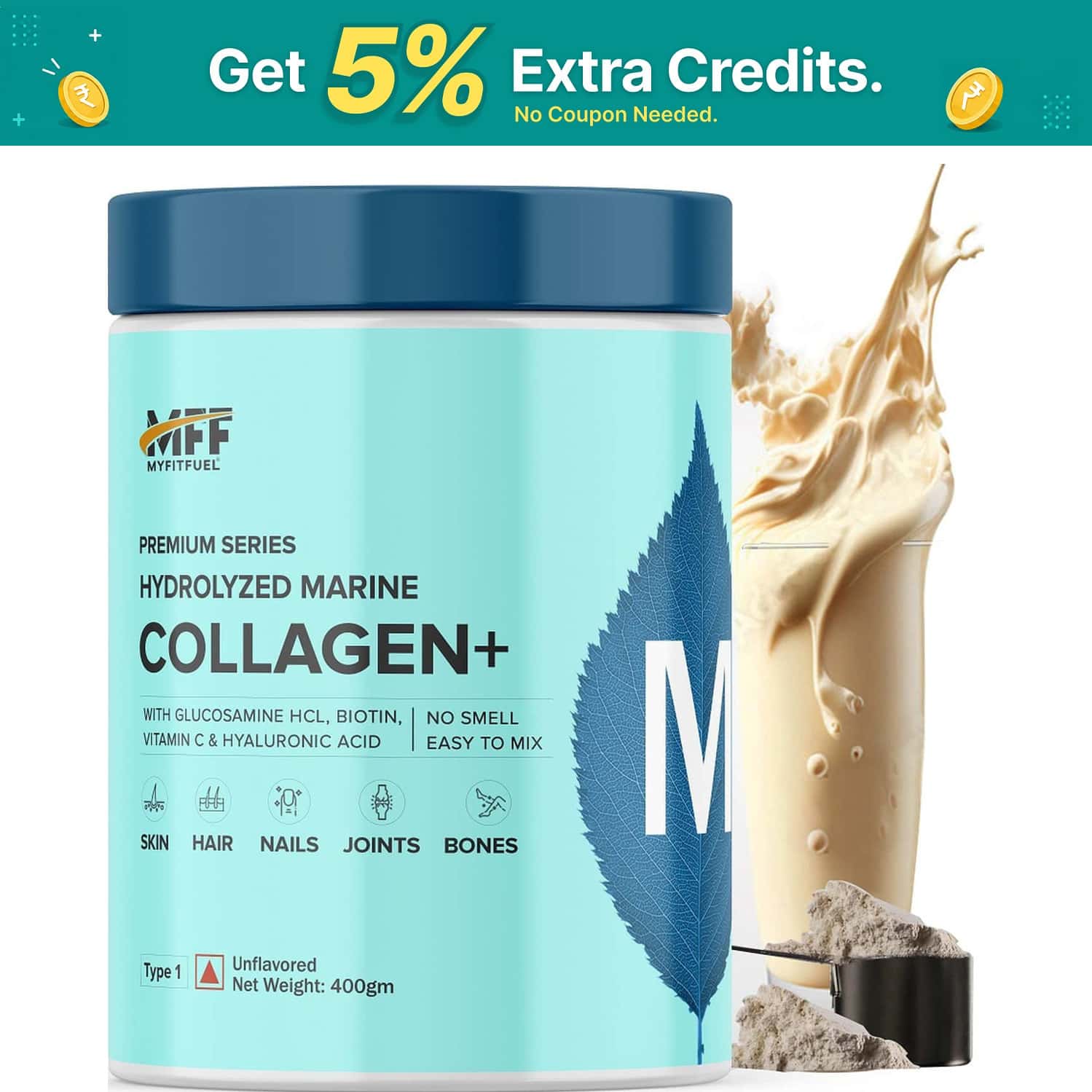 Myfitfuel Hydrolyzed Marine Collagen +glucosamine, Hyaluronic, Biotin, Vitamin C (400gm, Unflavored)