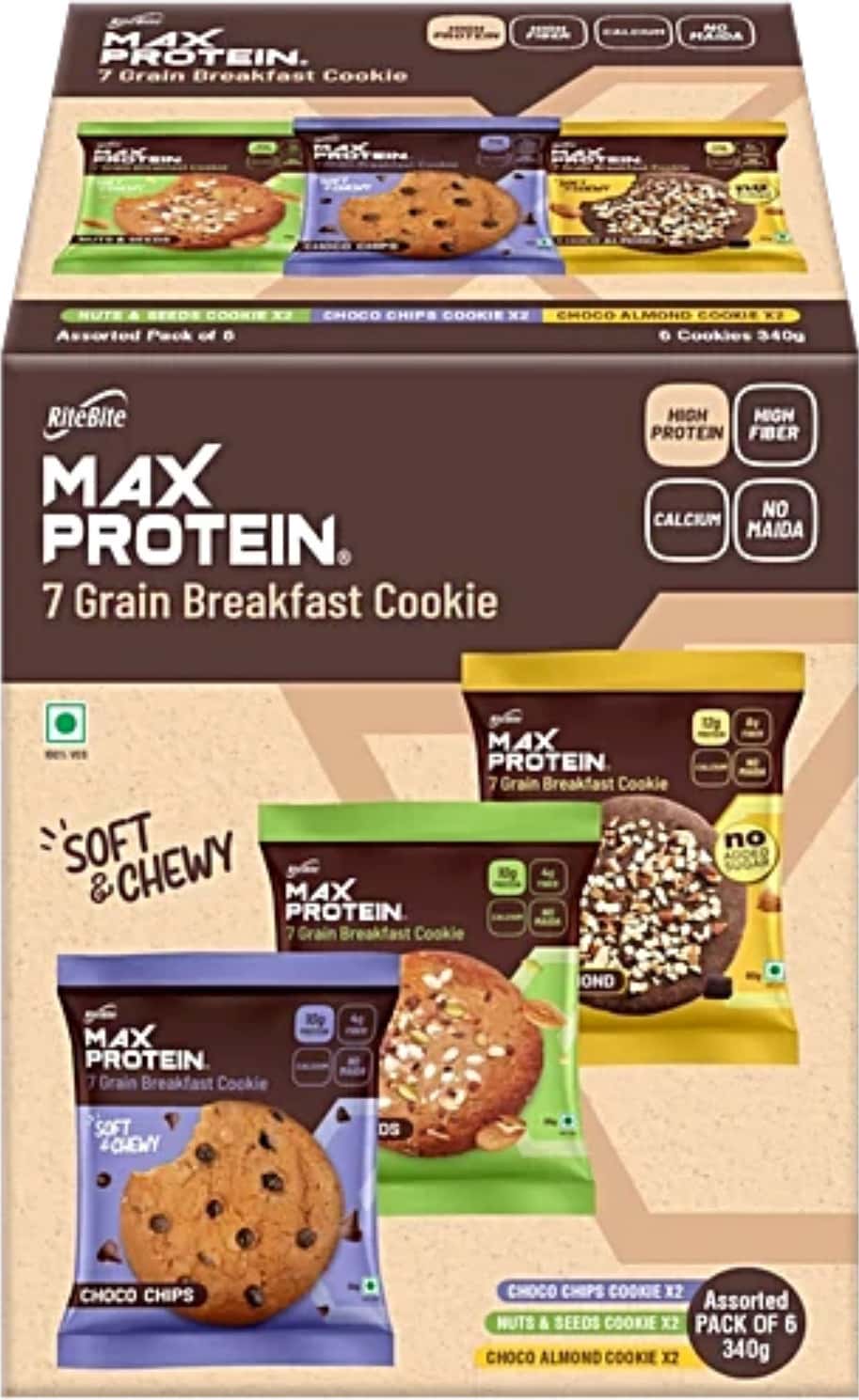 Ritebite Max Protein Breakfast Cookies | Choco Chips| Nuts & Seeds | Choco Almond | 6 Cookies | 340G