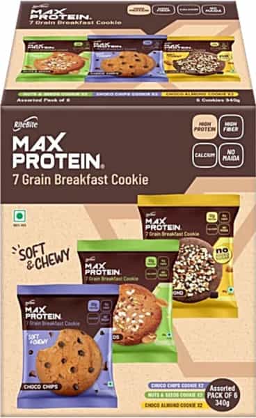 Ritebite Max Protein Breakfast Cookies | Choco Chips| Nuts & Seeds | Choco Almond | 6 Cookies | 340G