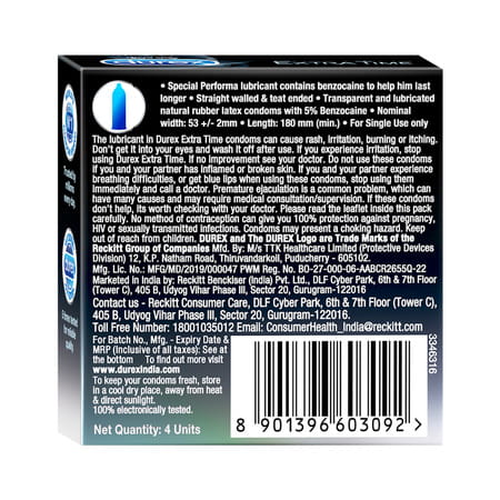 Durex Extra Time Longer Lasting Condom 4 Nos