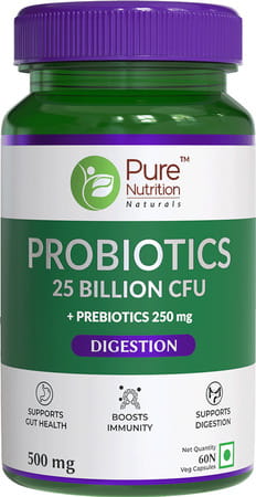 Pure Nutrition Probiotics 25 Billion Cfu + Prebiotics 250 Mg -Support Gut Health - 60 Veg Caps