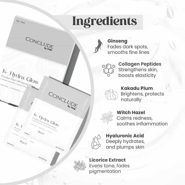 Conclude K - Hydra Glow Powder Peel-Off Mould Mask | Collagen Kakadu Plum & Ginseng | 15G+45Ml | 1Pc