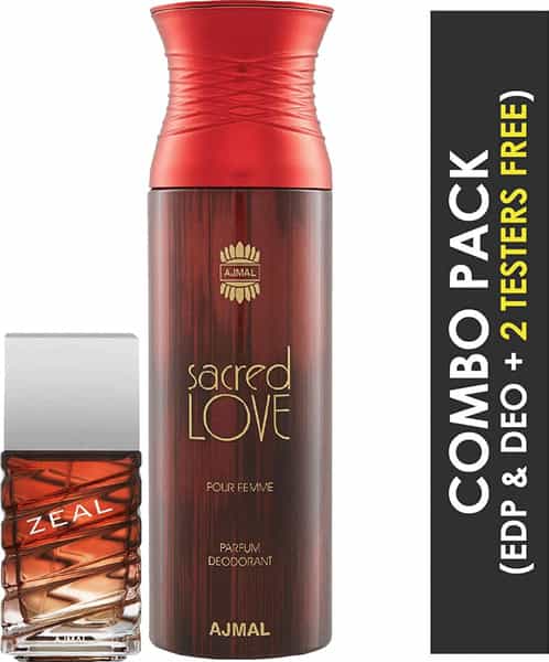 Ajmal Zeal Eau De Parfum 100Ml Perfume For Men And Sacred Love Deodorant 200Ml For Women