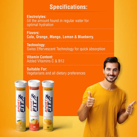 Sportfit Effervescent Electrolyte Tablet - Sugar-Free Hydration | 5x Electrolytes - Mango - 20n