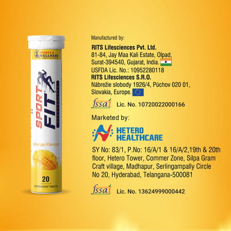 Sportfit Effervescent Electrolyte Tablet - Sugar-Free Hydration | 5x Electrolytes - Mango - 20n