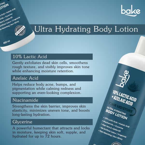 Bake 10% Lactic Acid + Azelaic Acid Body Lotion | Rough & Dry Skin | 72H Moisture | 400Ml