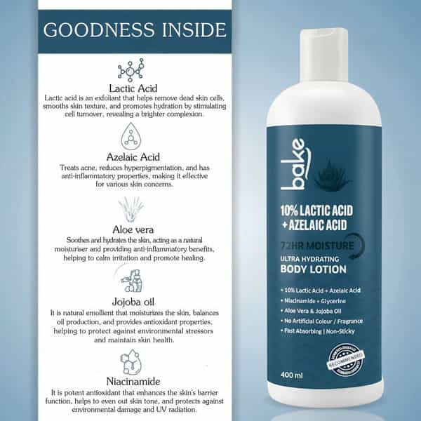 Bake 10% Lactic Acid + Azelaic Acid Body Lotion | Rough & Dry Skin | 72H Moisture | 400Ml