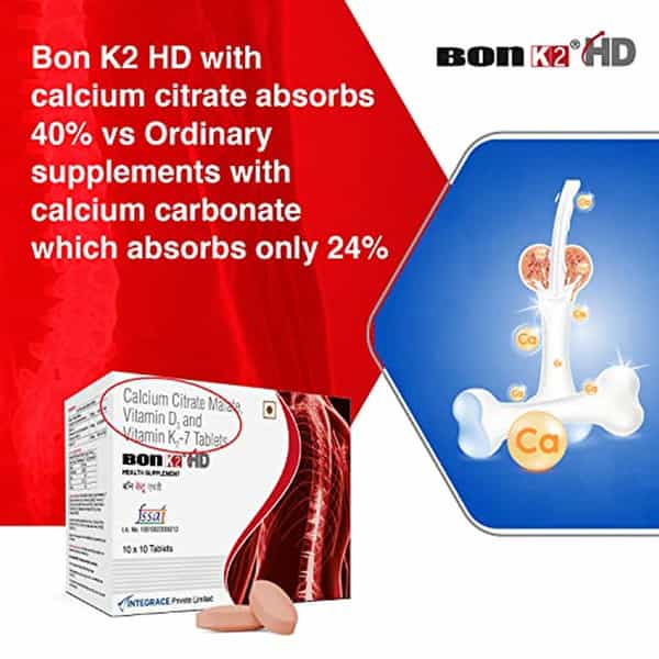 Bon K2 Hd With Advanced Calcium60 Tablet|Vitamin D3 & Vitamin K2-7 Multivitamin Tab (6 X 10 Tablets)