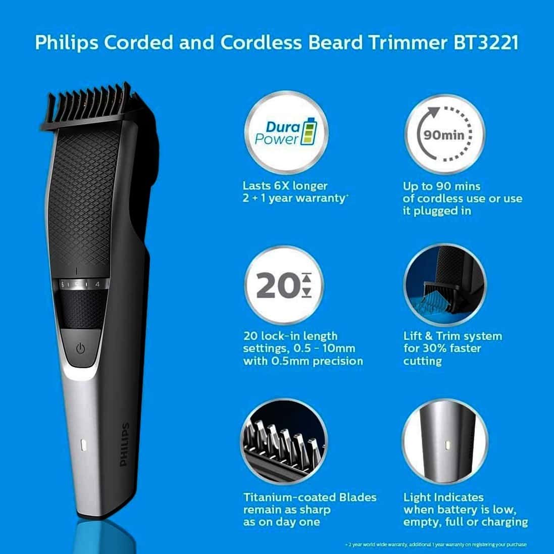 Manufacturer Details Philips BT3221/15 Corded & Cordless Beard Trimmer - Image 2