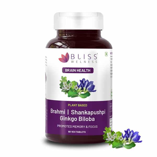 Bliss Welness Brain Memory Booster| Brahmi Shankpushpi Ginkgo Biloba & Piperine- 60 Veg Tablets