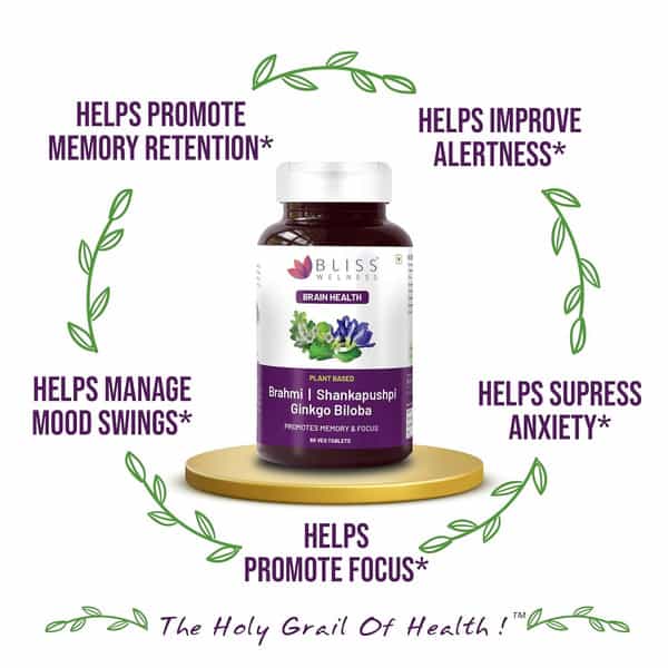 Bliss Welness Brain Memory Booster| Brahmi Shankpushpi Ginkgo Biloba & Piperine- 60 Veg Tablets