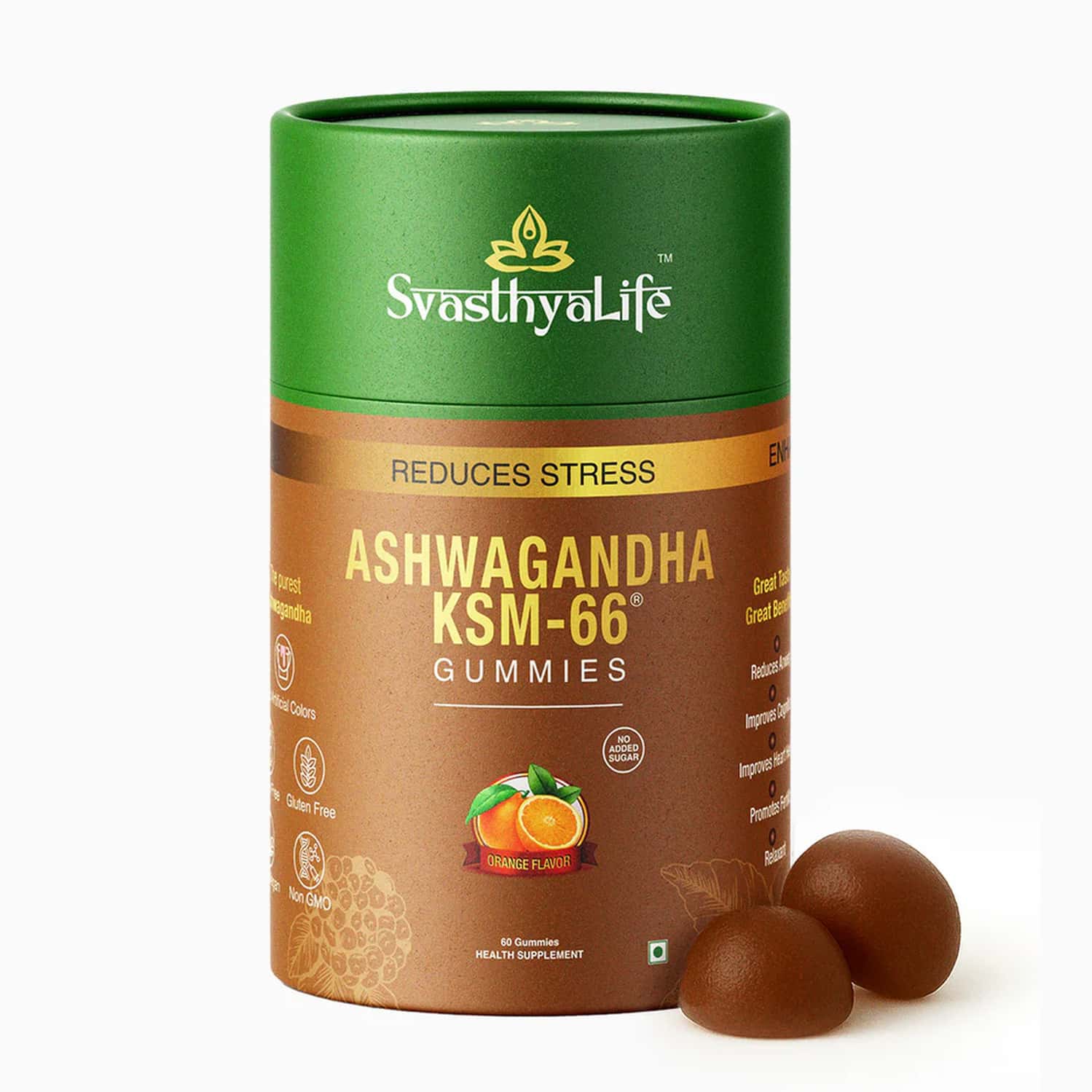 Svasthyalife Ashwagandha Ksm-66 Gummies | Stress & Anxiety Relief | Orange Flavor | 60 Gummies