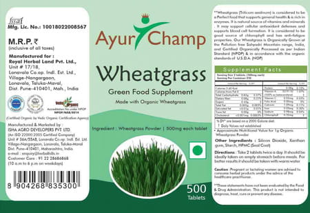 Ayur Champ - Pack Of 5 - Wheatgrass Tablet Green Food Supplement 500mg - 500 Tablet