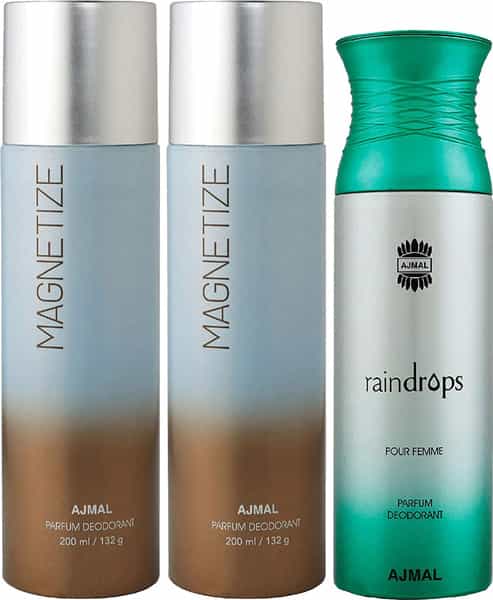 Ajmal 2 Magnetize For Unisex & 1 Raindrops Femme For Women Deodorants Each 200Ml Combo Pack Of 3