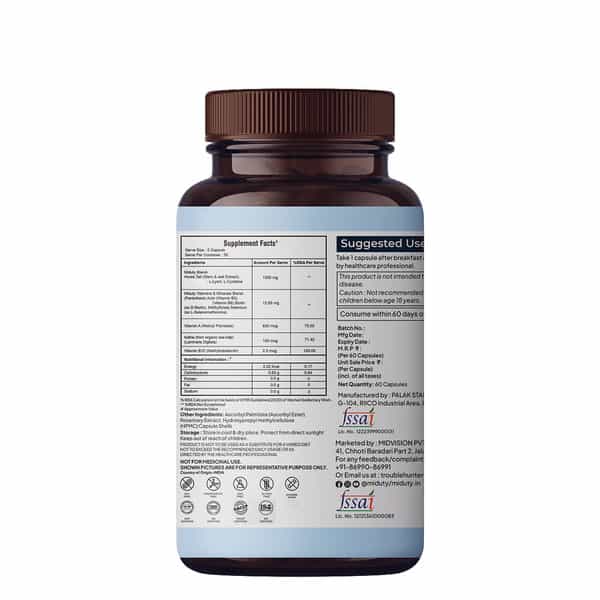 Miduty Thick & Grow - Hair Growth - Alopecia - Biotin - Vitamin B6 - Bioavailable - 60 Capsules