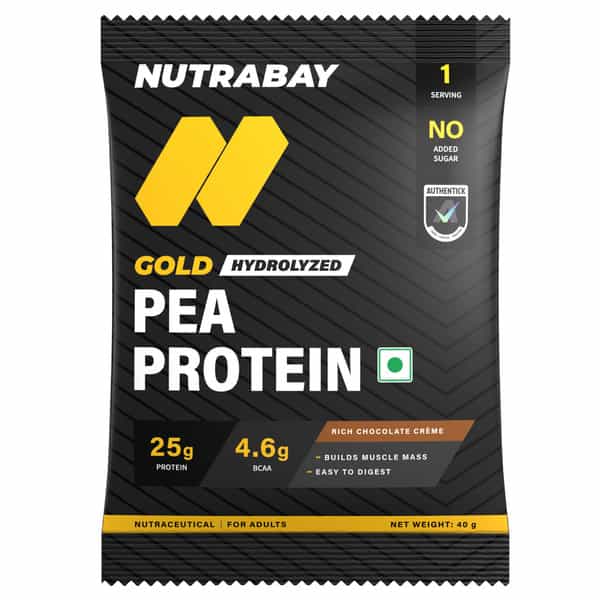 Nutrabay Gold Pea Protein Powder | 25G Protein | 4.6G Bcaa | 5G Fiber | Rich Chocolate Cerme - 40G